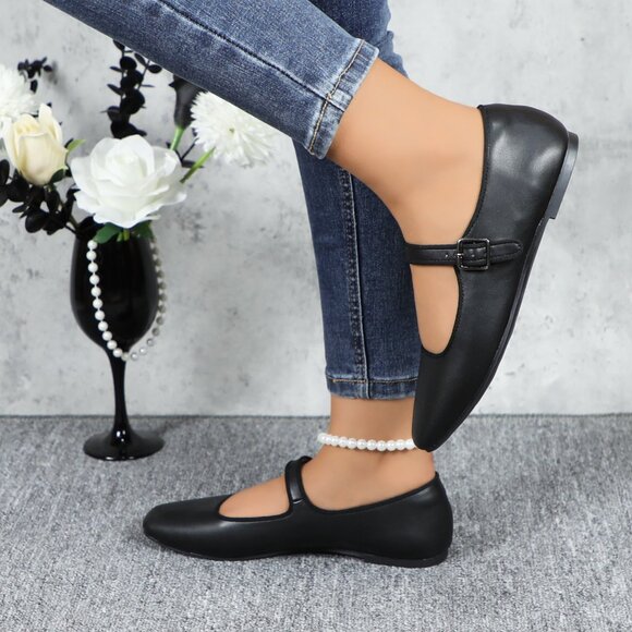 Black Cushioned Insole Classic Mary Jane Ballet Flat Adjustable Ankle Strap - Picture 3 of 11